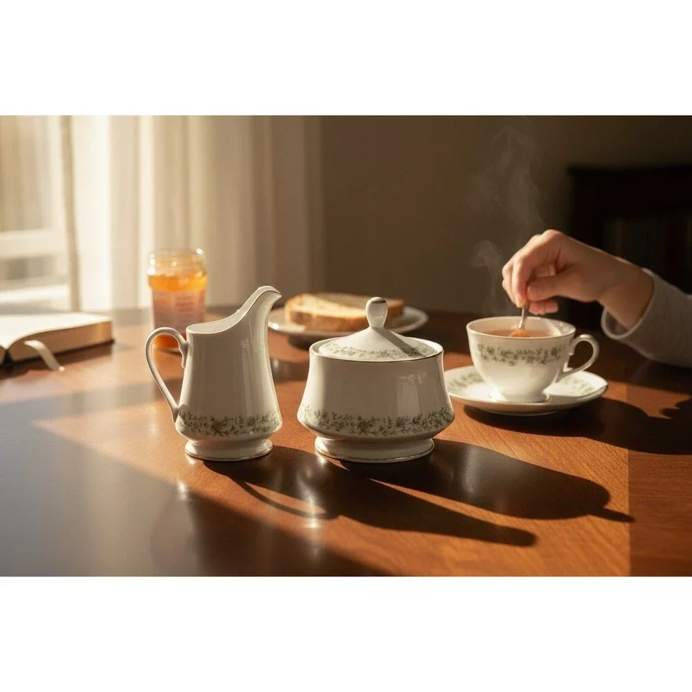 Vintage Mikasa Montclair G9059 Sugar Bowl w Lid & Creamer Set Japan Platinum‎